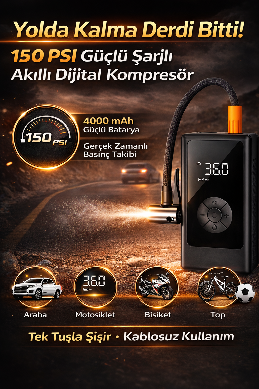 Acil Durumların Kurtarıcısı: Şarjlı Akıllı Dijital Kompresör – Kablosuz & Güçlü